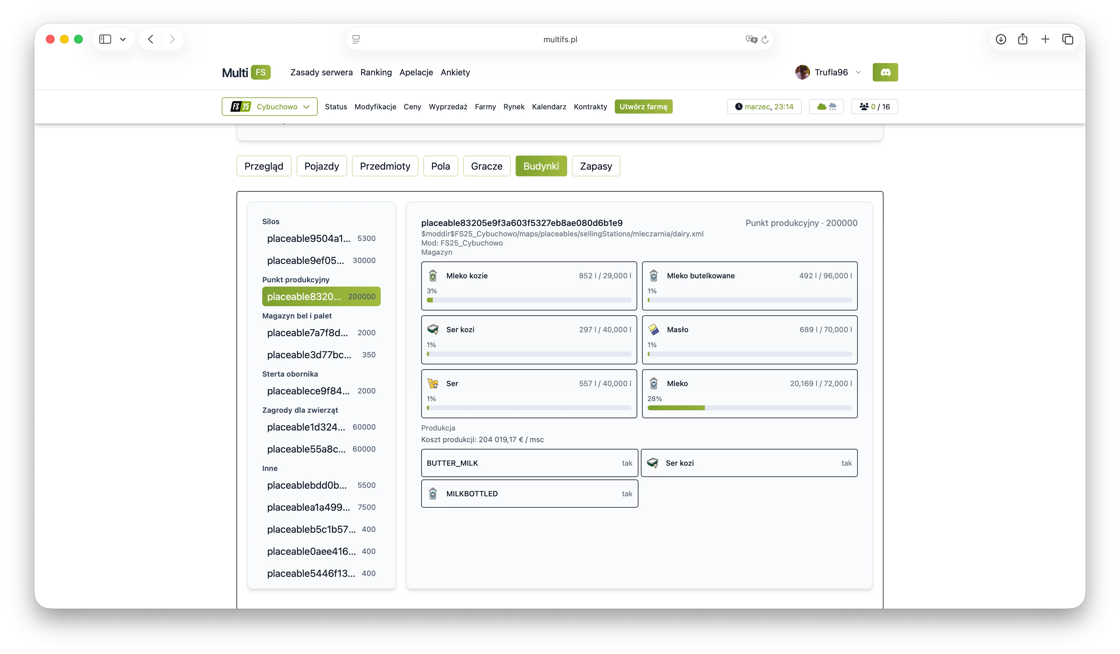 Panel farmy z budynkami, produkcją i hodowlą