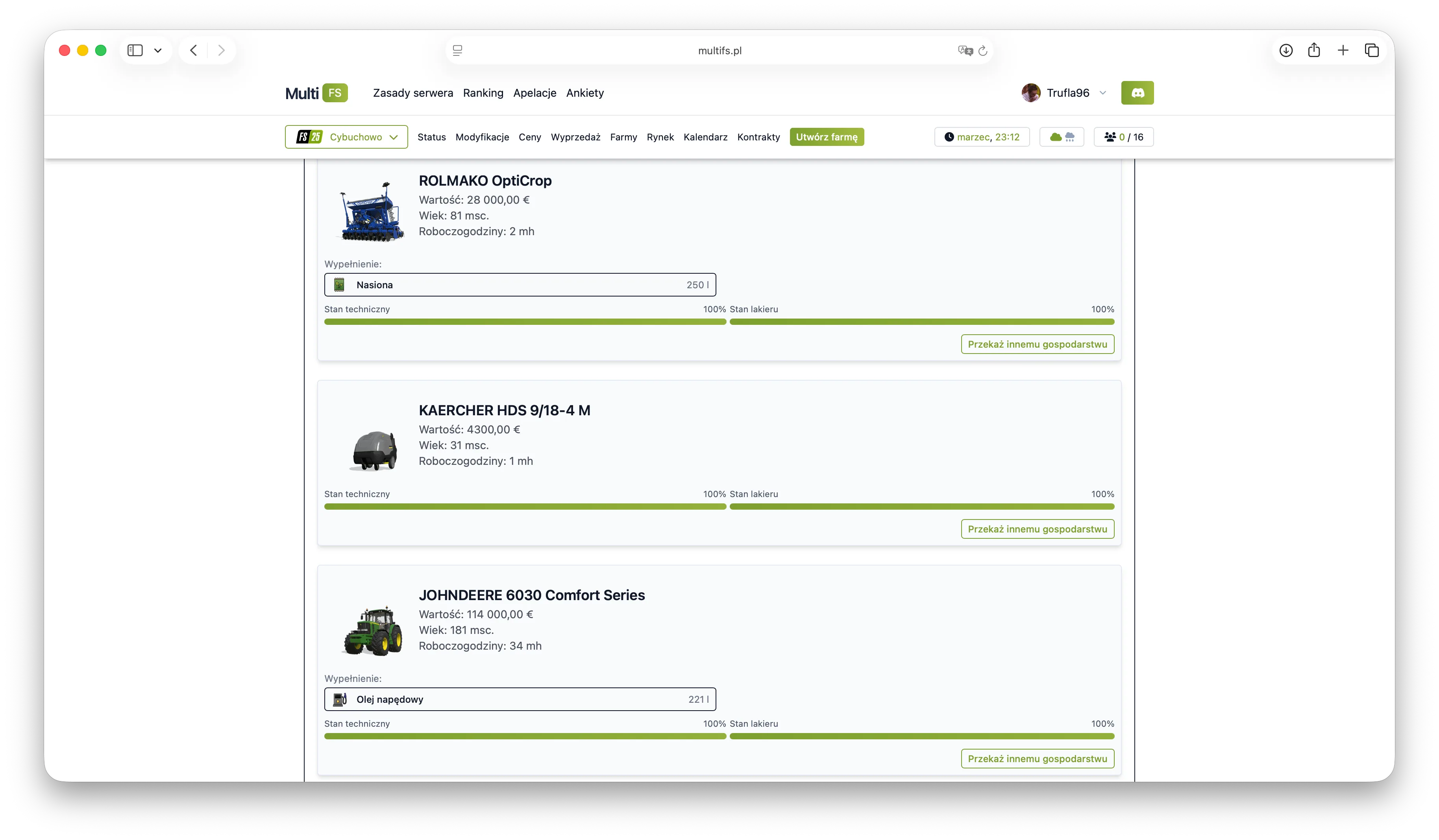 Panel farmy z listą pojazdów i podsumowaniem farmy